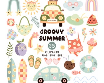 Retro Summer Clipart: Groovy Beach SVG, Hello Summer PNG, Cartoon Graphics