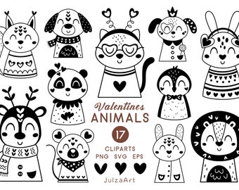 Puede incluir: Ilustraciones en blanco y negro de 17 animales de San Valentín, incluyendo una ardilla, un perro, un gato, un panda, un pingüino, un conejito, un ratón y un león. El texto "Valentines ANIMALS" y "17 CLIPARTS PNG SVG EPS" está incluido en la imagen.