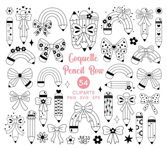 Coquette pencil bow clipart Back to school png Groovy pencil svg Teacher pencil png Black and white school doodle Teacher Appreciation