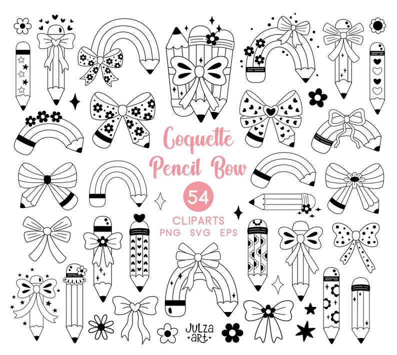Op de afbeelding: Zwart-wit digitale clipartset met potloden, strikken, regenbogen en bloemaccenten. De tekst "Coquette Pencil Bow" wordt weergegeven, samen met het nummer "54" en de woorden "cliparts, PNG, SVG, EPS".