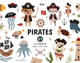 Pirate svg, Pirate animal clipart, Summer clipart, Nautical png, Birthday boy svg, Baby shower, Digital download, Commercial use