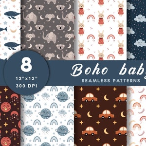 Patrón sin costuras de bebé boho, papel digital boho, baby shower, patrón de animales, papel de luna, impresión de arcoíris, descarga digital, uso comercial