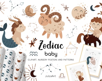 Clipart do zodíaco, padrão sem costura de signos do zodíaco para bebês, papel digital de horóscopo infantil, zodíaco boho em SVG e PNG, clipart celestial, uso comercial