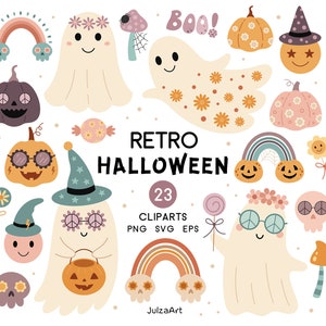 Svg de Halloween retro, clipart de Halloween genial, png de Halloween para niños, svg de fantasma lindo, clipart de calabaza, descarga digital, uso comercial