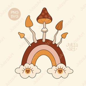 May include: A rainbow with brown, orange, and pink stripes, topped with five mushrooms. The rainbow has two clouds with eyes and hearts at the bottom.