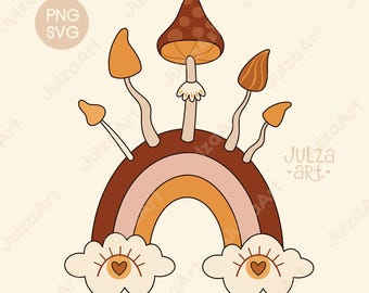 Retro Rainbow Clipart: Groovy Mushrooms SVG, Clouds, Magic Evil Eyes PNG, Boho  (Digital Download)