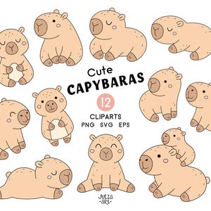 May include: A collection of 12 cute capybara cliparts in various poses. The capybaras are light brown with dark brown accents and pink cheeks. The text "Cute CAPYBARAS" and "12 CLIPARTS" is also included.