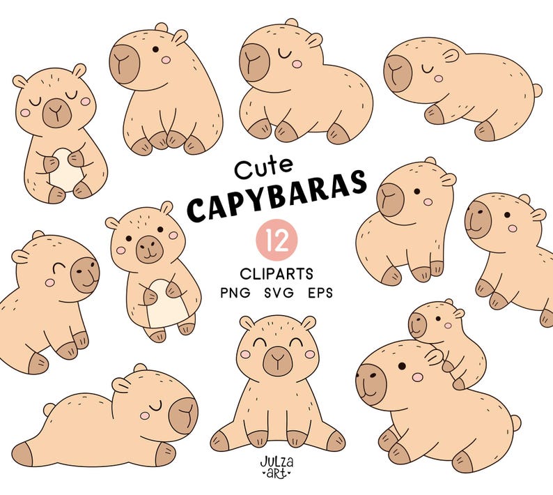 May include: A collection of 12 cute capybara cliparts in various poses. The capybaras are light brown with dark brown accents and pink cheeks. The text "Cute CAPYBARAS" and "12 CLIPARTS" is also included.