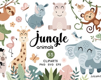 Jungle animals clipart, Tropical svg, Safari png, Tropical leaves, Boho baby shower, Nursery printable, Digital download, Commercial use