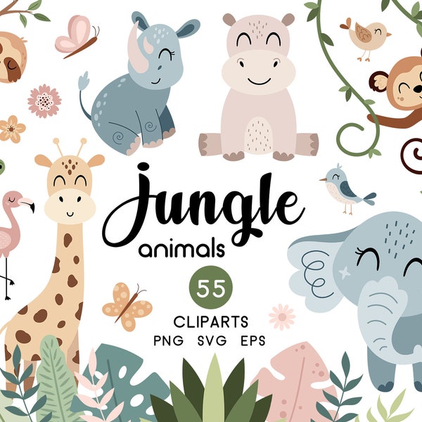 Jungle animals clipart, Tropical svg, Safari png, Tropical leaves, Boho baby shower, Nursery printable, Digital download, Commercial use