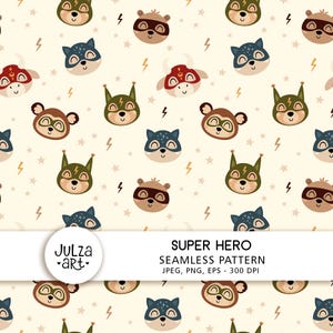 Padrão sem emendas de super-heróis, Papel digital de super-heróis animais, Padrão de super-heróis, Padrão de animais fofos, Impressão de menino, Download digital