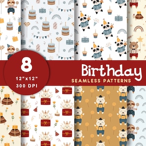 Animal Birthday Seamless pattern, Happy Birthday digital paper, Birthday boy print, Baby shower, Digital download, Commercial use
