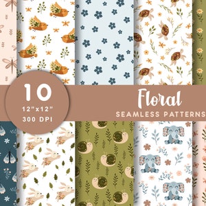 Padrão floral sem costura, Papel digital de flores, Chá de bebê, Impressão de primavera, Álbum de recortes de animais florais, Download digital, Uso comercial