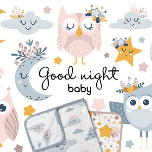 Clipart gufo, Luna e stelle svg, Motivo celeste senza soluzione di continuità, Carta digitale scandinava, Baby shower, Download digitale, Uso commerciale