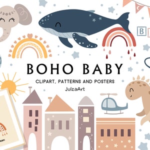 Boho Baby Clipart, niedliche Tiere svg, Neugeborene Muster, Boho digitales Papier, Baby-Dusche, Kinderzimmer zum ausdrucken, kommerzielle Nutzung