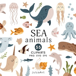 Imágenes prediseñadas de animales marinos, SVG de vida marina boho, PNG de mundo submarino boho, Clip art de bebé náutico de verano, Descarga digital, Uso comercial