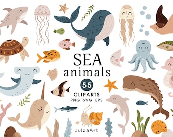 Sea animals clipart, Boho Sea life svg, Bohemian undersea world png, Summer nautical baby clip art, Digital download, Commercial use