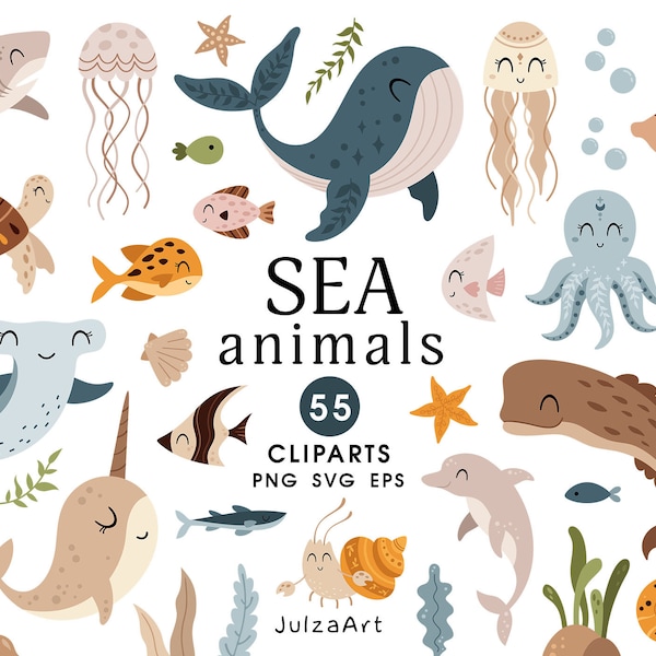 Sea animals clipart, Boho Sea life svg, Bohemian undersea world png, Summer nautical baby clip art, Digital download, Commercial use