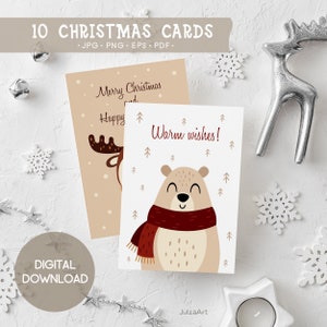 Biglietti di Natale digitali stampabili, biglietto di auguri di Buon Natale, animali di Natale, biglietti di auguri, biglietto di auguri, set di biglietti invernali, download digitale
