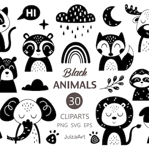 Schwarzweißes Tier Clipart, skandinavische Waldtiere svg, Zootier png, süßes Tier, Babyparty, digitaler Download, kommerzielle Nutzung