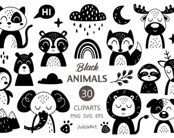 Black and white animal clipart, Scandinavian woodland animals svg, Zoo animal png, Cute animal, Baby shower, Digital download Commercial use
