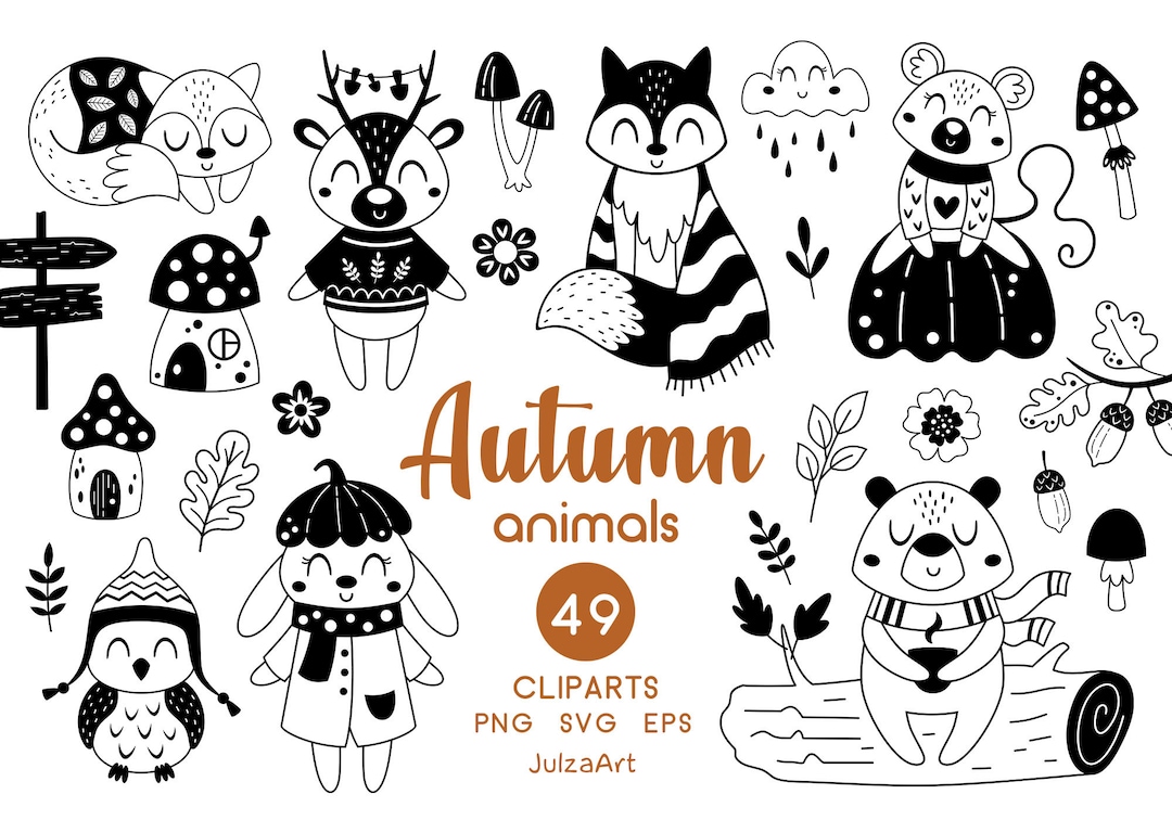Autumn Animals Clipart, Black and White Fall Svg, Woodland Animals Png