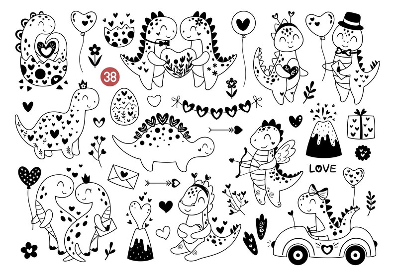Dinosaur Valentine Clipart: Happy Valentines Day SVG, Love PNG, Black ...