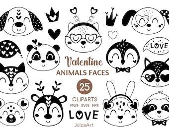 Clipart de caras de animales de San Valentín: San Valentín en blanco y negro, amor, romántico - PNG SVG Doodle