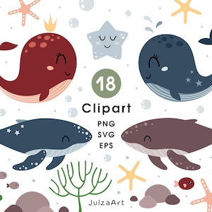 Könnte beinhalten: Ein Set mit 18 digitalen Clipart-Bildern mit niedlichen Wal-Illustrationen in verschiedenen Farben und Posen. Das Set enthält Wale mit Sternen, einer Krone und einer Muschel. Der Text "18 Clipart PNG SVG EPS" ist im Bild enthalten.