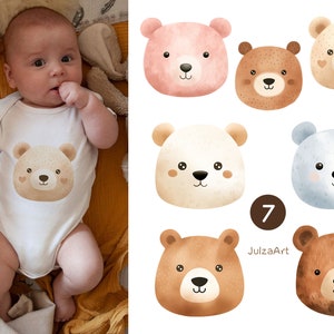 May include: A baby wearing a white onesie with a bear face graphic. The image also shows seven watercolor bear face illustrations in various colors, including pink, brown, and blue. The text "JulzaArt" is visible.