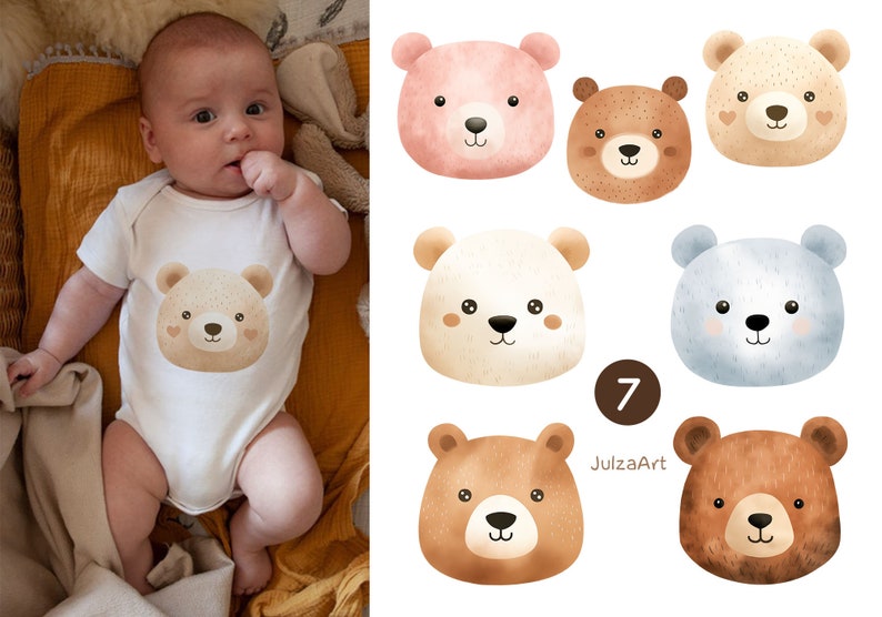 May include: A baby wearing a white onesie with a bear face graphic. The image also shows seven watercolor bear face illustrations in various colors, including pink, brown, and blue. The text "JulzaArt" is visible.