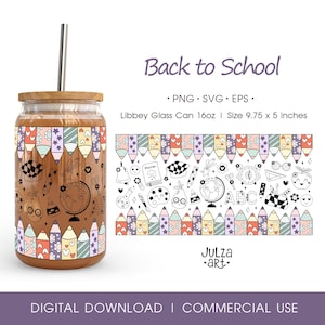 Back To School 16oz Libbey Glass Can Wrap PNG Teacher Can Wrap SVG Groovy School Supplies Cup Wrap Design Retro School Doodle Teacher Gift