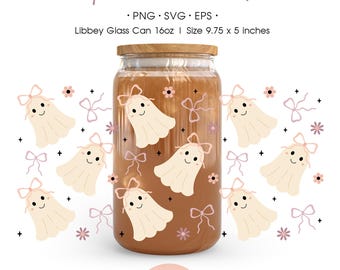 Coquette Halloween Ghost 16oz Libbey Can Wrap: Girly Spooky Season Design (PNG, SVG, EPS)