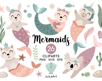 Mermaid clipart, Little mermaid svg, Cute mermaid png, Mermaid birthday svg, Nautical clipart, Ocean svg, Digital download, Commercial use