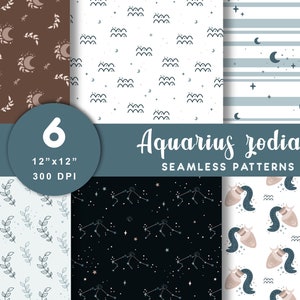 Modèle Verseau, modèle sans couture zodiaque Verseau, papier numérique du signe du zodiaque, impression du zodiaque, papier de scrapbooking céleste, téléchargement numérique