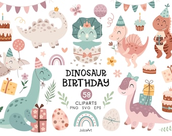 恐竜の誕生日クリップアート、恐竜のSVG、ハッピーバースデーのSVG、誕生日の女の子、赤ちゃん恐竜のPNG、ベビーシャワー、デジタルダウンロード、商用利用