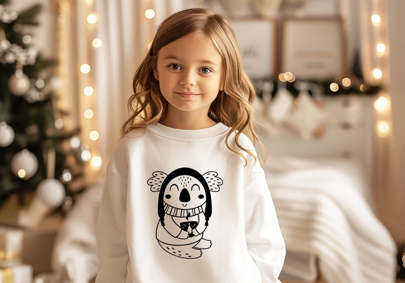 K&ouml;nnte beinhalten: Ein wei&szlig;er Pullover mit einer schwarz-wei&szlig;en Illustration eines Koalas, der einen Hut tr&auml;gt und eine Tasse h&auml;lt. Der Koala l&auml;chelt.