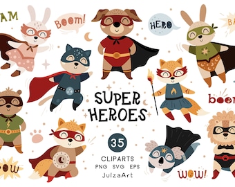 Superhero svg, Animal superhero clipart, Cute woodland animals svg, Super heroes png, Birthday party, Digital download, Commercial use