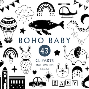 Boho clipart, Boho svg, Animal clipart, Celestial svg, Recém-nascido png, Chá de bebê, Gênero neutro, Download digital, Uso comercial