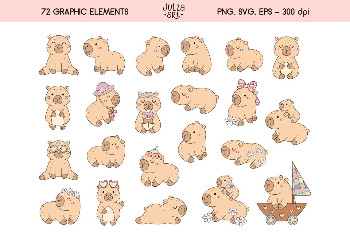 Spring Capybara Printable Kawaii Capybara Clipart Set, Spring Capybara Png, Groovy Summer Svg ...