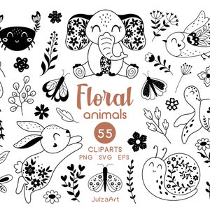 Floral dierlijke clipart, zwart-witte dieren svg, bloemen svg, lente clipart, bloemen svg, vlinder png, digitale download, commercieel gebruik