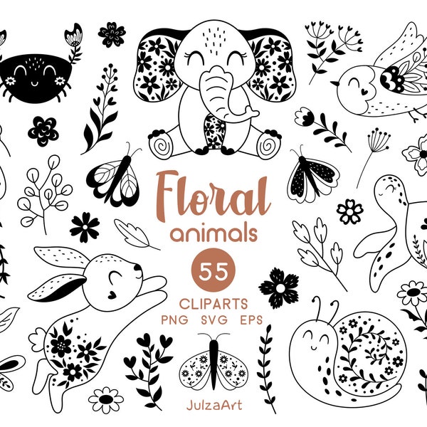 Floral animal clipart, Black and white animals svg, Flowers svg, Spring clipart, Floral svg, Butterfly png, Digital download, Commercial use