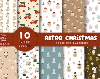 Retro Weihnachten Nahtlose Muster, Vintage Weihnachten digitales Papier, Urlaub druckbares Papier, Neujahr Druck Digitaler Download, kommerzielle Nutzung