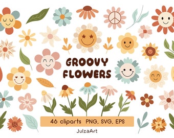 花のクリップアート、レトロな花のSVG、グルーヴィーな花のPNG、花柄のSVG、ボヘミアン風フラワープリント、フラワーパワーデコレーション、デジタルダウンロード、商用利用