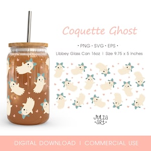 Coquette Ghost 16oz Libbey Glass Can Wrap PNG SVG Cute Halloween Ghost Cup Wrap Girly Spooky Season Tumbler Wrapping Sublimation Design