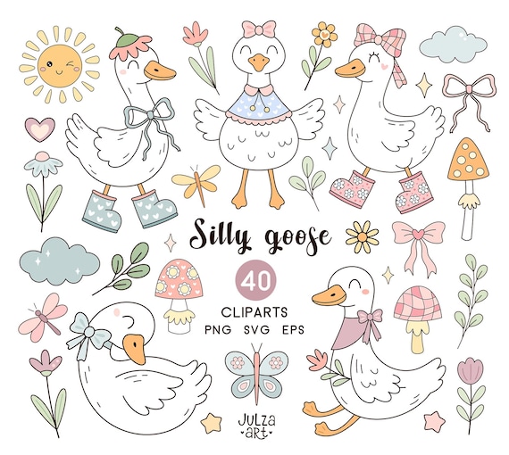 Silly Goose Clipart: Groovy Coquette Goose Meme, Spring Summer Floral PNG SVG (Digital Download)