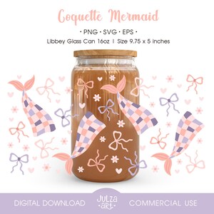 Coquette Mermaid 16oz Libbey Glass Can Wrap PNG Retro Groovy Mermaid Tail Cup Wrap SVG Girly Summer Wrap Coastal Ocean Sublimation Design