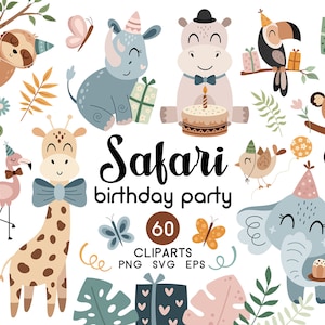 Safari Birthday party, Wszystkiego najlepszego svg, Jungle Birthday clipart, Tropical png, Boho Baby shower, Pobieranie cyfrowe, Wykorzystanie komercyjne