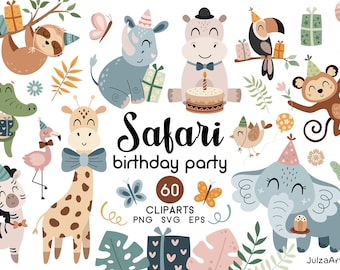 Safari Birthday Clipart: Jungle Animals, Tropical Plants, Boho Baby shower (PNG SVG - Digital Download)