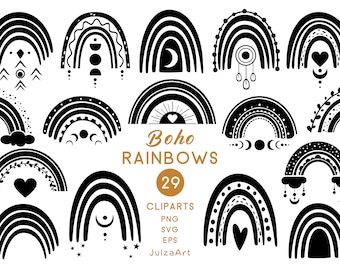 Boho Rainbow Clipart: Black and White Celestial SVG PNG, Baby shower (Digital Download)